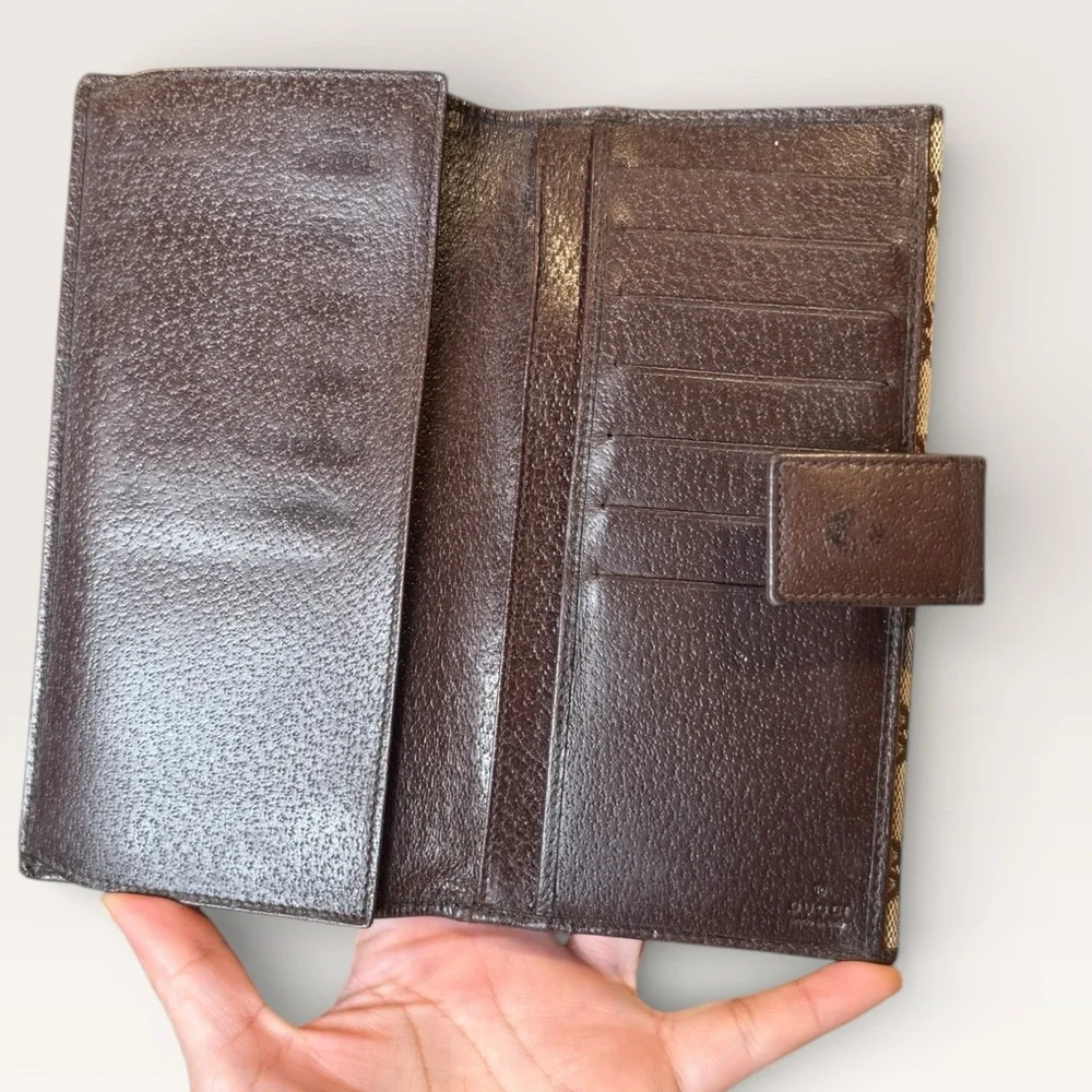 Gucci GG Canvas Continental Long Wallet Beige Brown Leather Trim Snap Closure - Picture 6 of 8